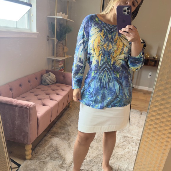 Reba Woman 1X Blue Yellow Embellished Long Sleeve Knit Top Blouse USA Made - Picture 1 of 7